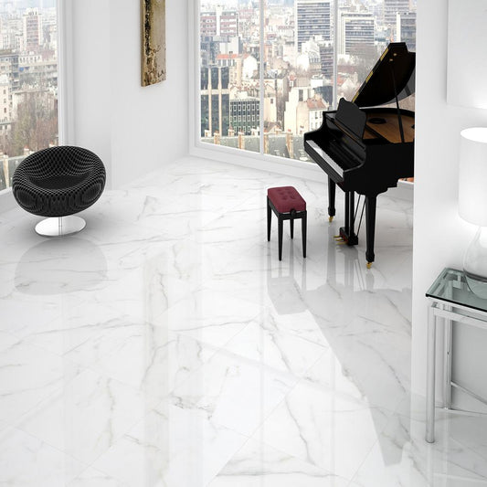Carrara Polished Marble Effect White Gloss Rect Large 60cmx60cm Wall and Floor