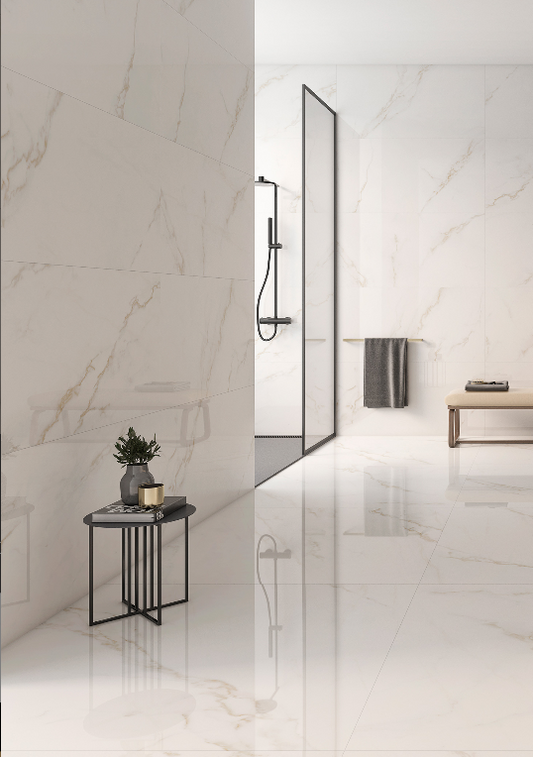 Glanza Large Carrara Gold Marble Grey Polished Wall And Floor Porcelain Tiles 60cmx60cm