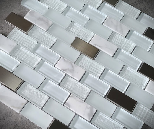 G Stone Grey Marble, Quartz and Glass mix tile Mosaic 28cmx30cm