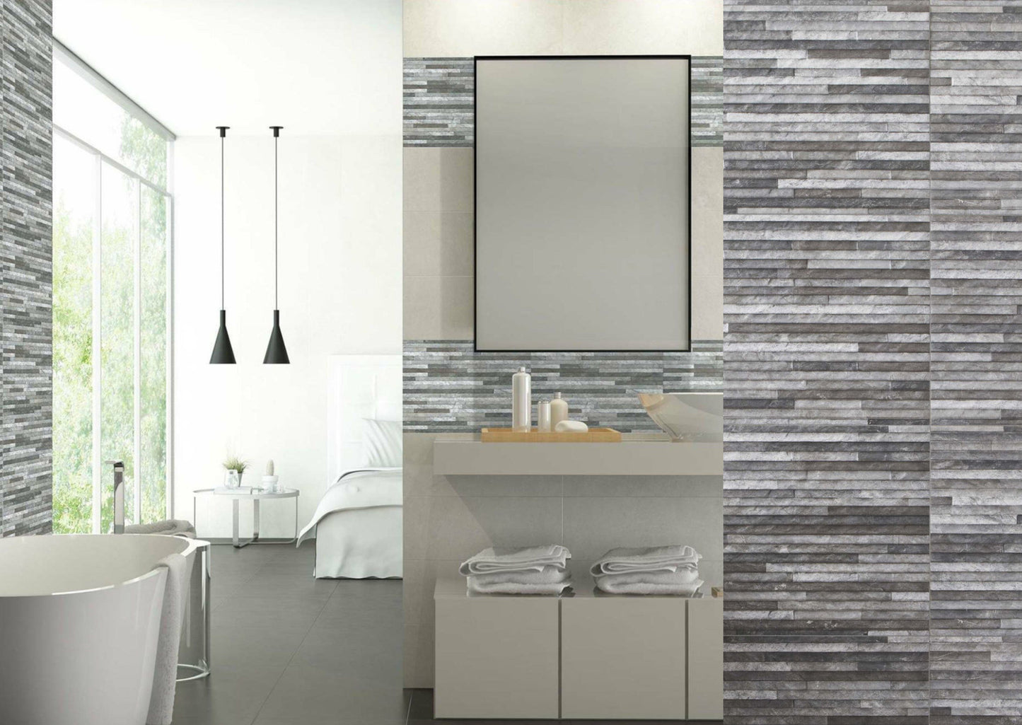 Brix Stratum Split Face Pattern Gris Grey Ceramic Wall Tiles 33cmx55cm