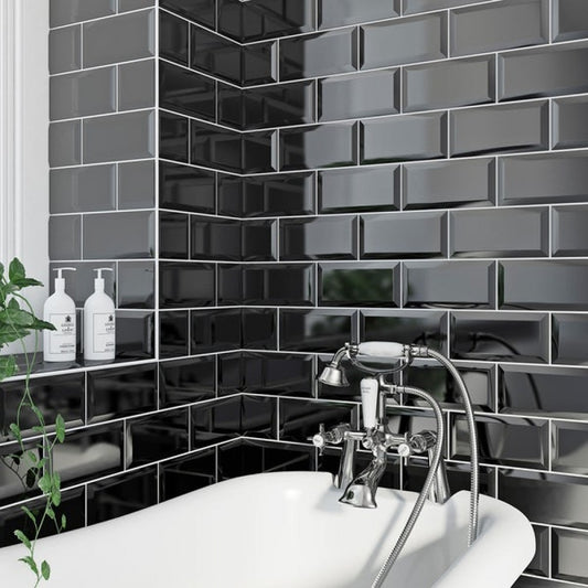 Underground Black Metro Gloss Ceramic 10cmx20cm Kitchen Wall Tiles