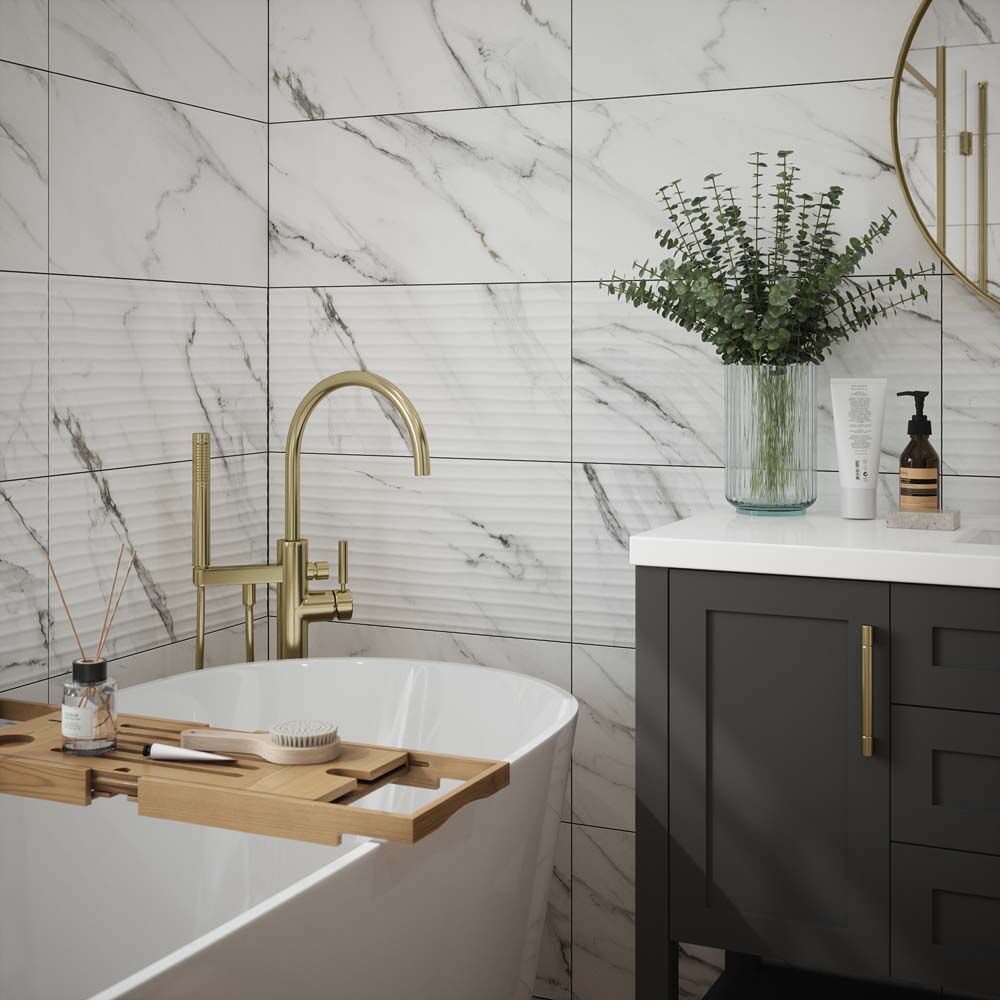 Ashby Wave Decor Carrara Grey Marble Matt Ceramic Wall Tiles 30cmx60cm