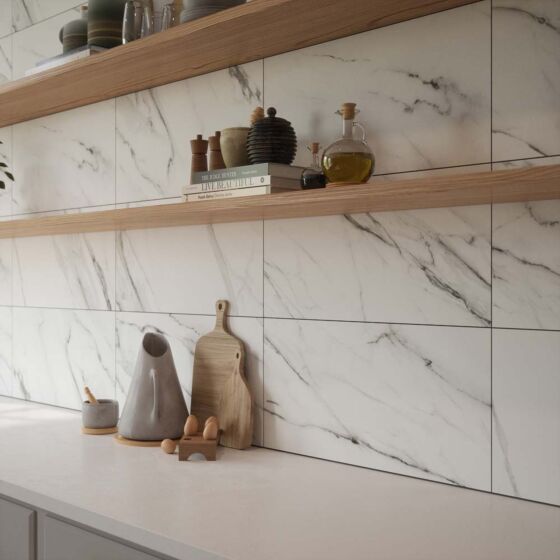 Ashby Wave Decor Carrara Grey Marble Matt Ceramic Wall Tiles 30cmx60cm