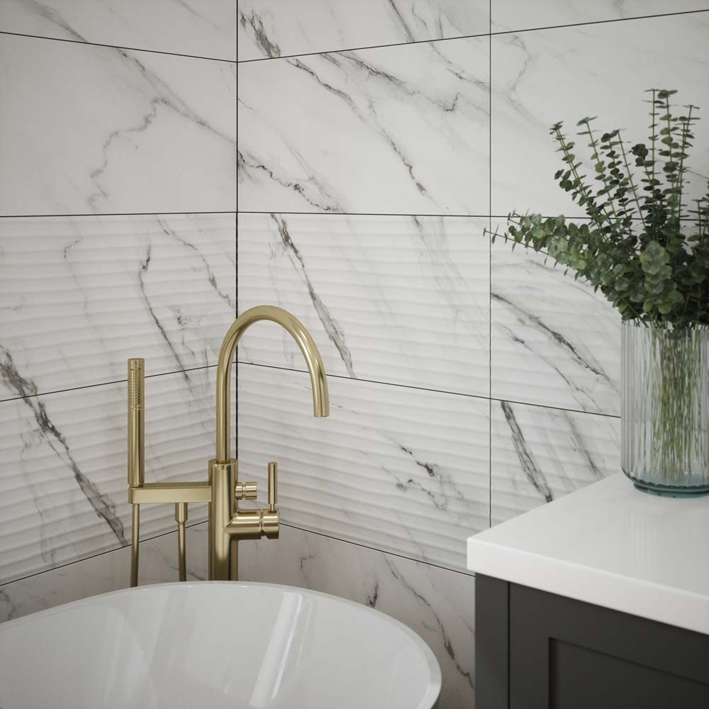 Ashby Wave Decor Carrara Grey Marble Matt Ceramic Wall Tiles 30cmx60cm